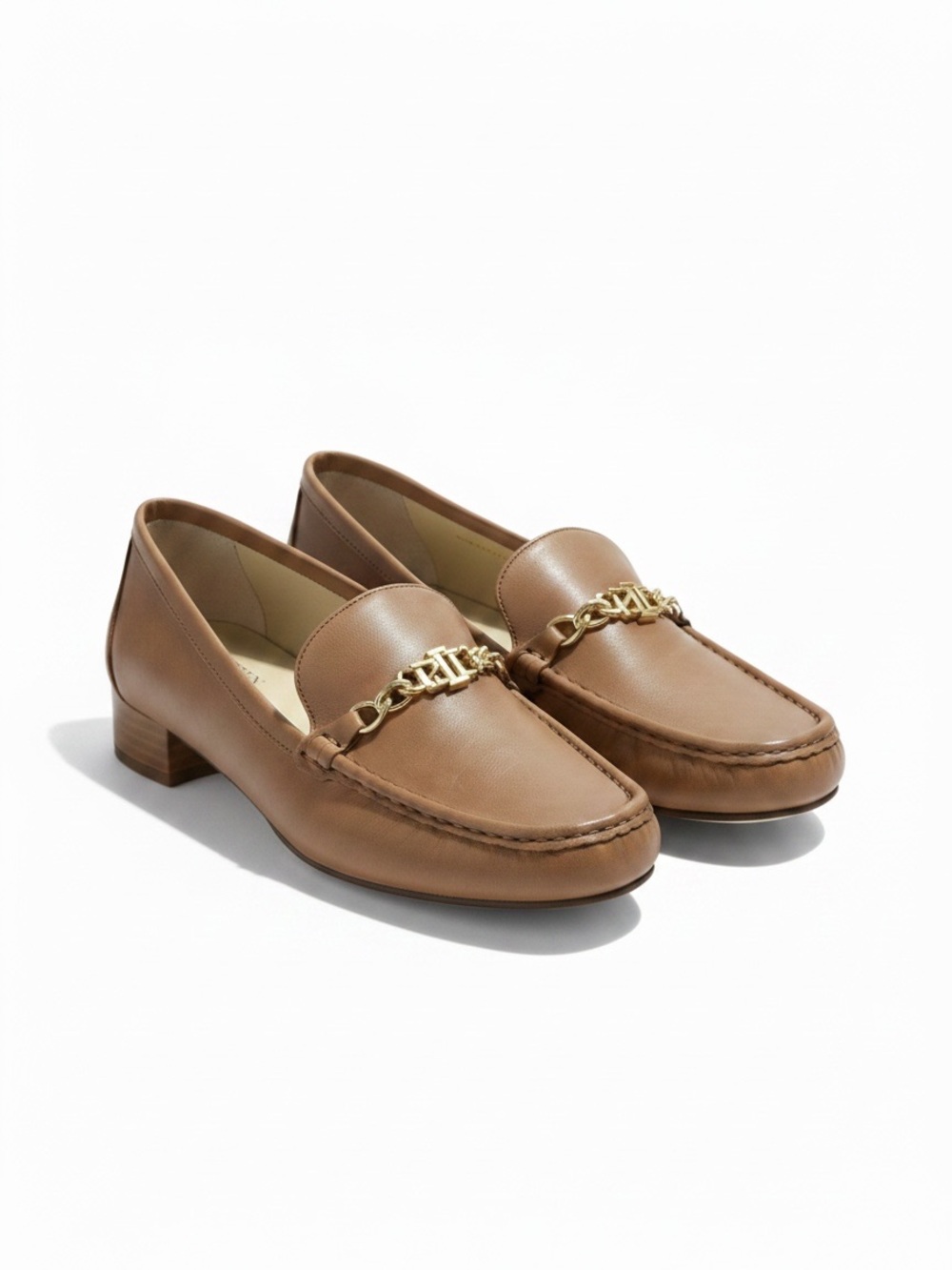 Lauren Ralph Lauren Tan Leather Chain Loafers Block Heel Size 10B